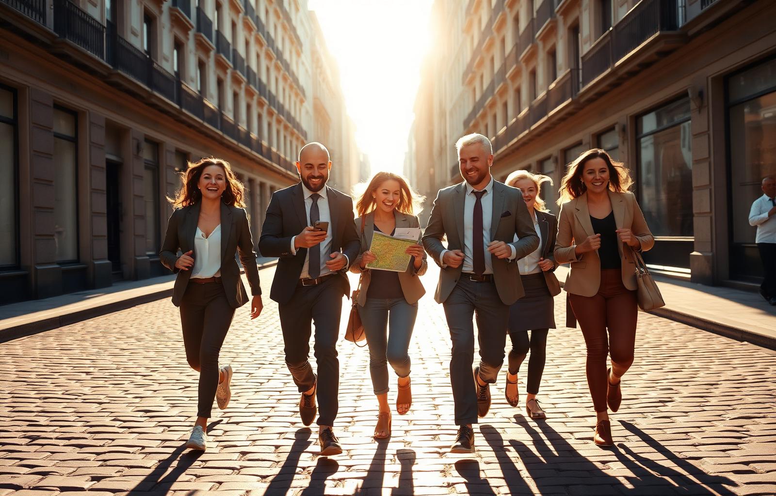 A team running through a sunlit cobblestone street, solving clues together